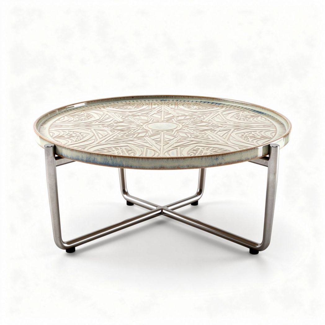 Circular metal coffee table with decorative embossed surface 80 x 80 x 30cm