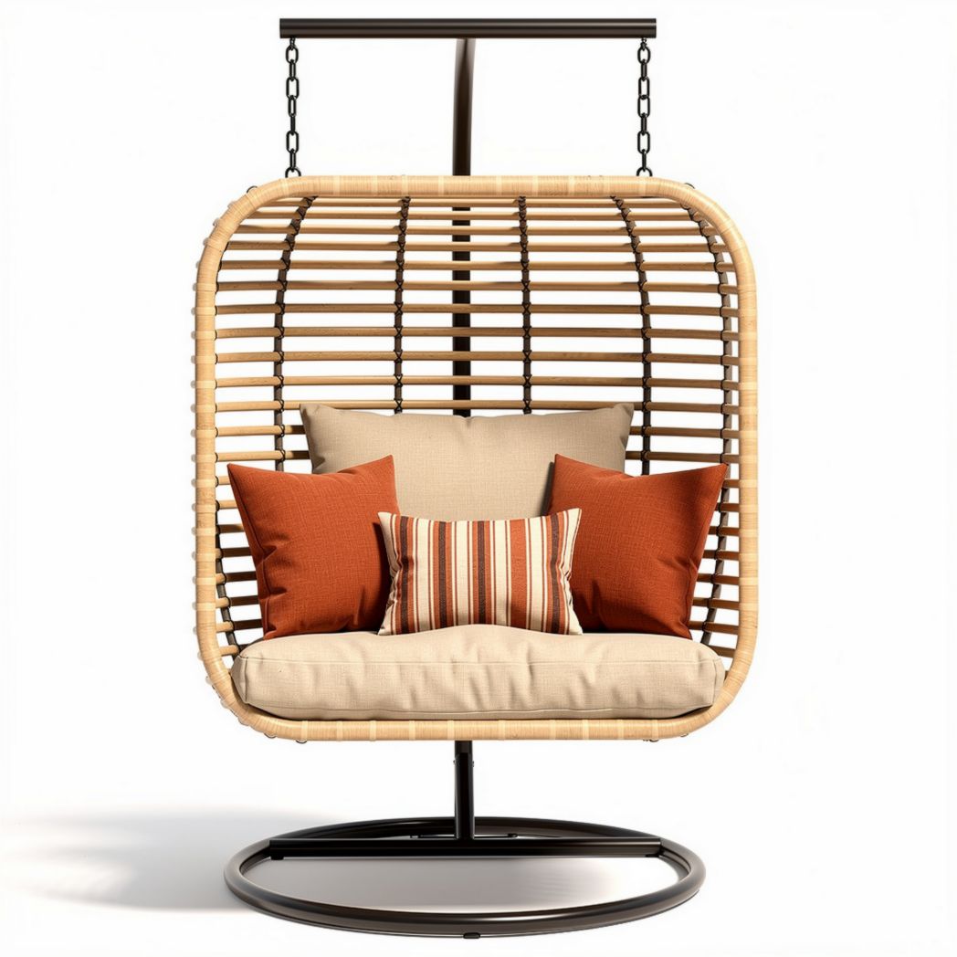 Hanging rattan chair with cushion and decorative pillows for indoor or outdoor use