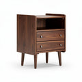 Mid-century modern wooden nightstand with two drawers and open shelf 45 x 35 x 60cm