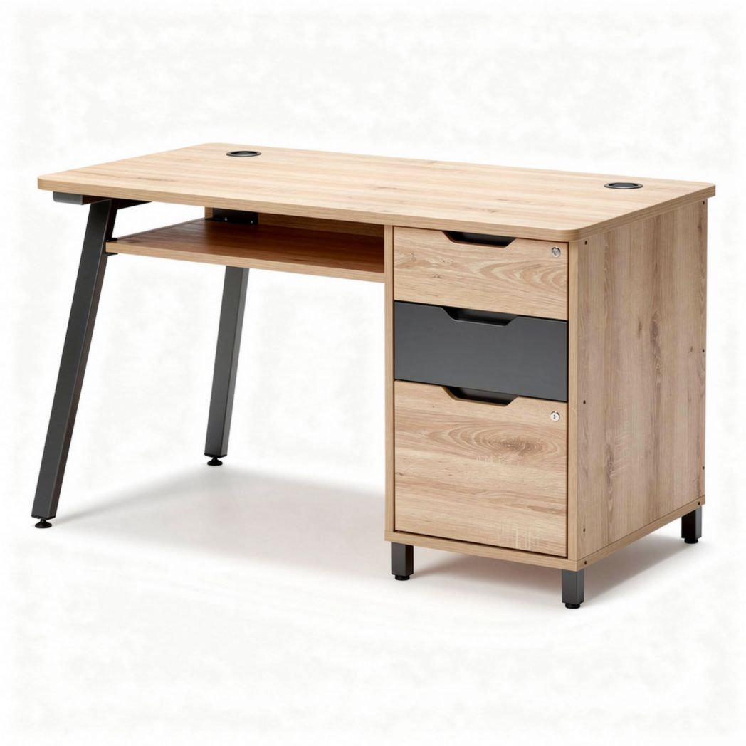 Wooden computer desk with drawer and shelf in natural finish 120 x 60 x 75cm