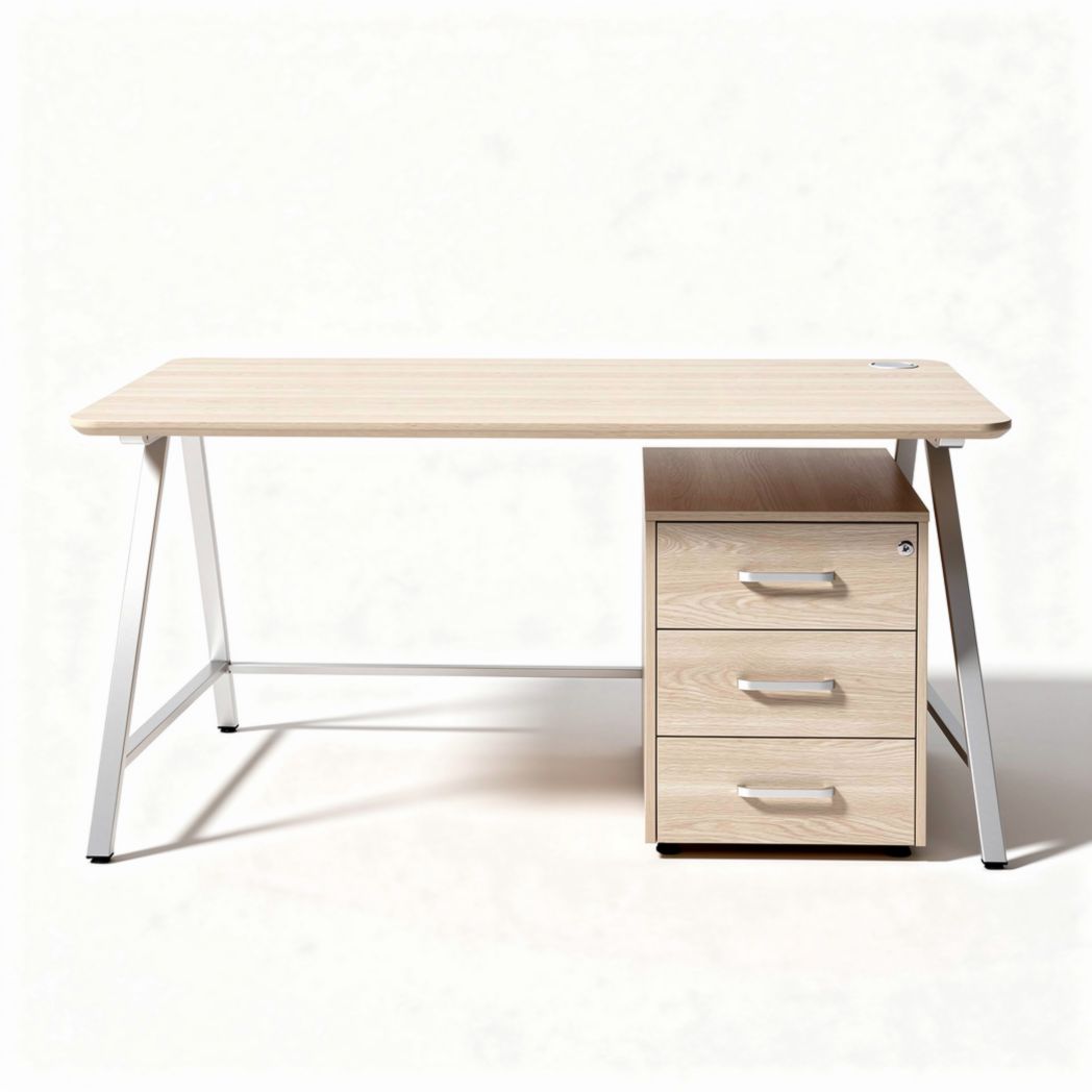 Wooden desk with three drawers and metal frame in natural finish 120 x 60 x 75cm