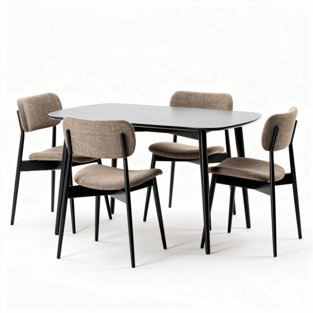 Wooden dining table set with four upholstered chairs in black and beige