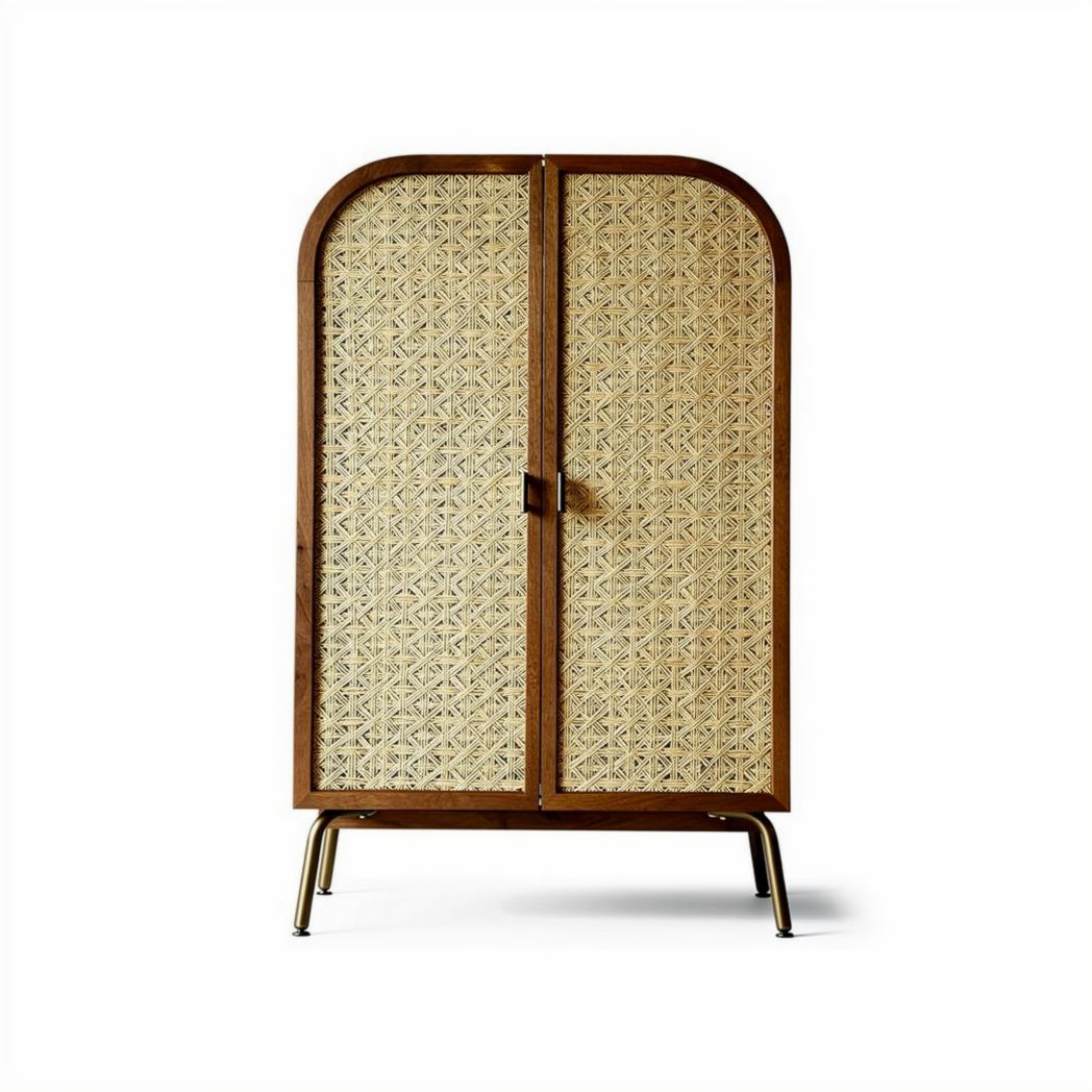 Rattan and wood two-door storage cabinet 80 x 40 x 160cm in natural color
