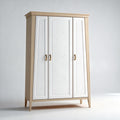 Three-door wardrobe in white and natural wood finish with dimensions 90 x 50 x 180cm