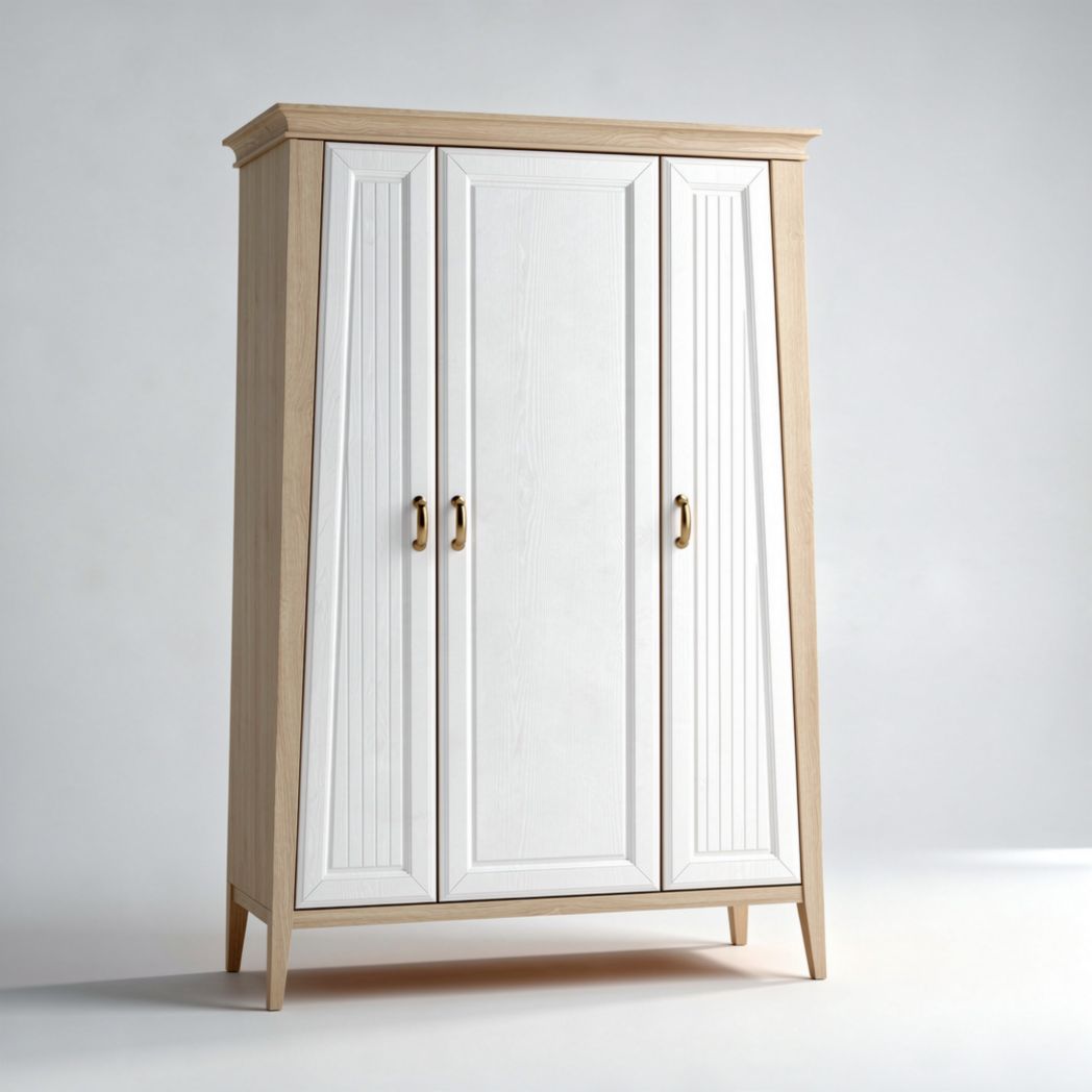 Three-door wardrobe in white and natural wood finish with dimensions 90 x 50 x 180cm