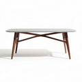 Wood and white tabletop coffee table with dimensions 150 x 75 x 75cm