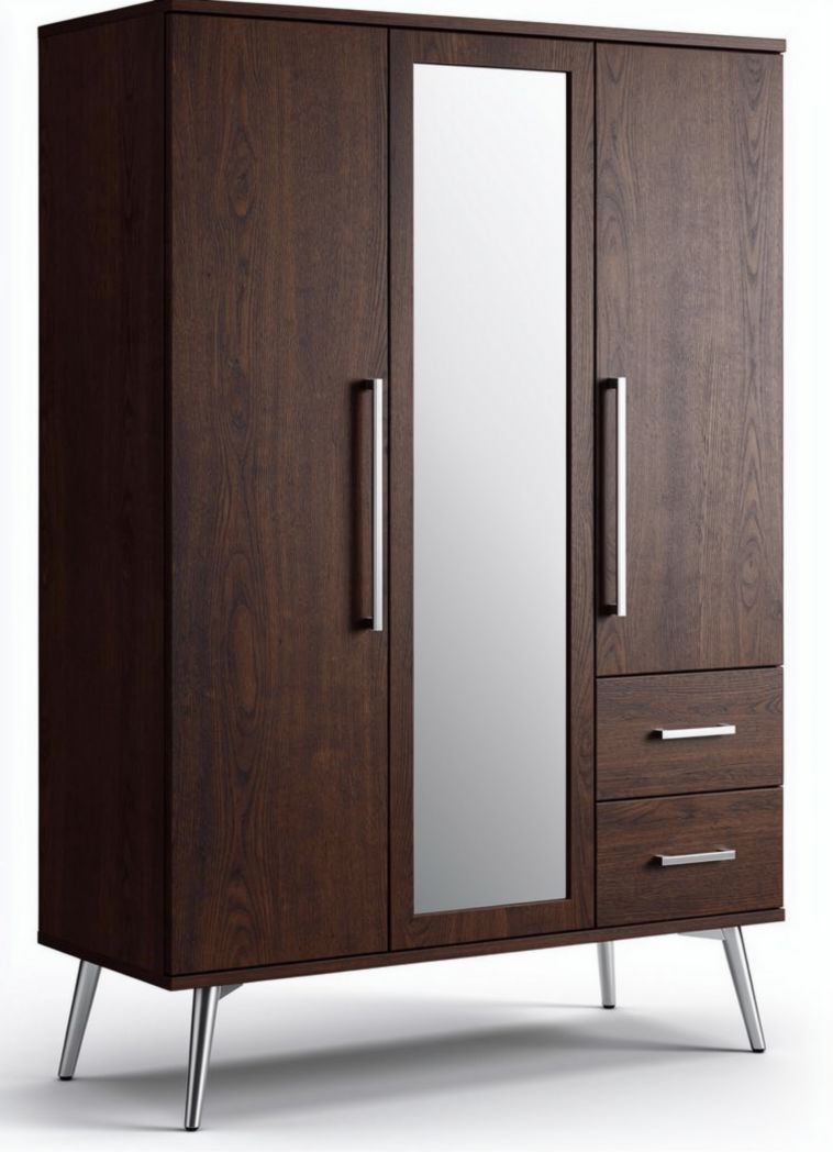 Wooden wardrobe with mirror doors and two drawers 180 x 90 x 50cm brown
